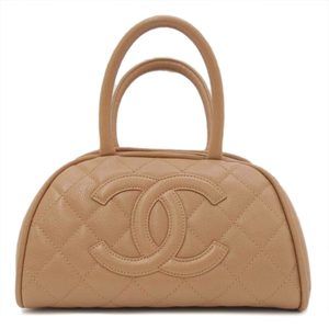 CHANEL Big Coco Leather Matelasse Caviar Skin Mini Boston Bag Beige